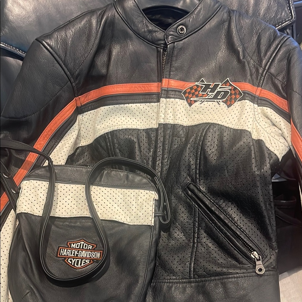 Harley-Davidson Black and Cream Leather Jacket with Orange Accents - Picture 5 of 5